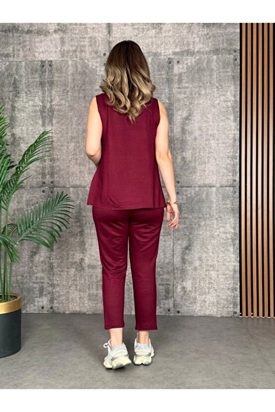 Kadın Askılı Yuvarlak Yaka Viskon Iki Iplik Bluz Ve Eşofman Altı Ikili Takım