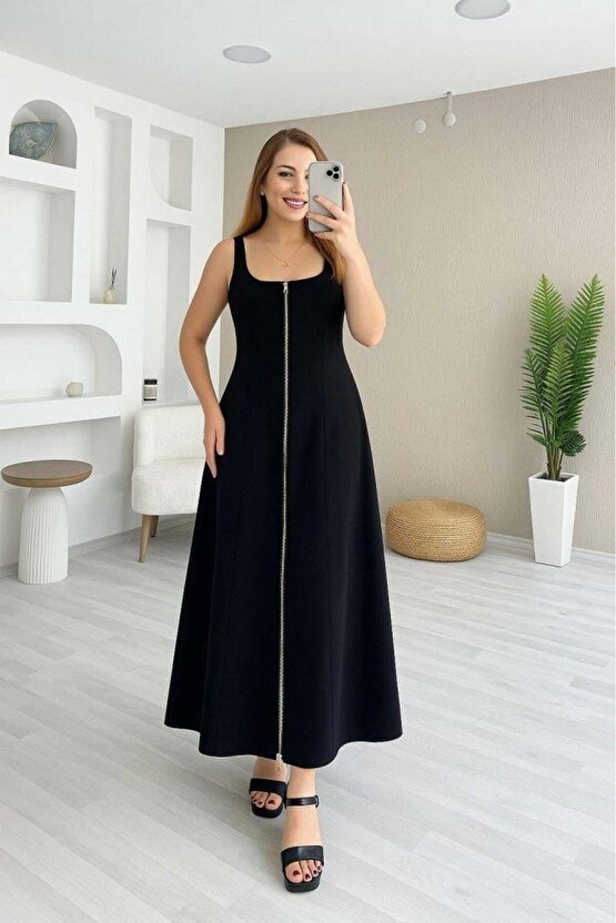 Kadın Askılı Kare Yaka önden Fermuarlı Geniş Kesim Janjan Krep Elbise