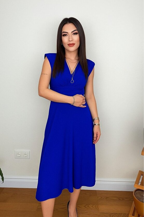 EQURİ Kadın Kısa Kollu Kruvaze Yakalı Bel Korsajı Buzgulu Midi Janjan Krep Elbise