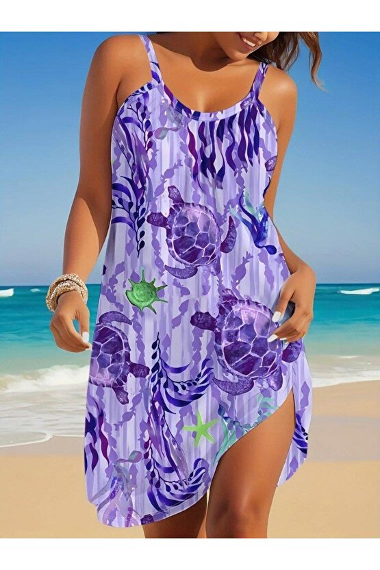 Kadın Askılı Yuvarlak Yaka Kaplumbağa Desenli Süprem Elbise