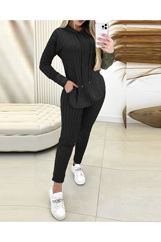 Kadın Uzun Kollu Kapşonlu Yakadan Bağcıklı Yandan Yırtmaçlı üst Bluz Alt Tayt şardonlu Kaşkorse Ikil