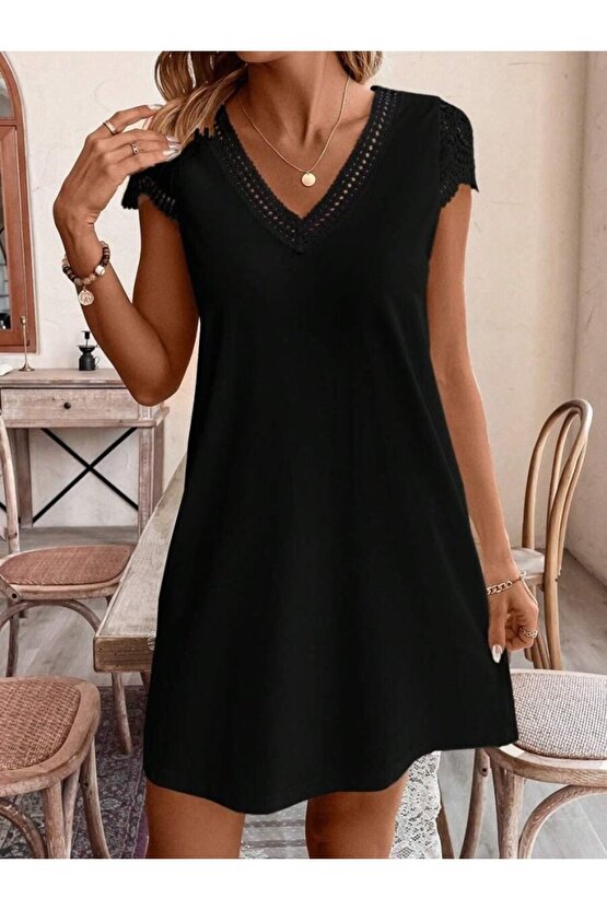 Kadın Kısa Kollu V Yakalı Viskon Elbise