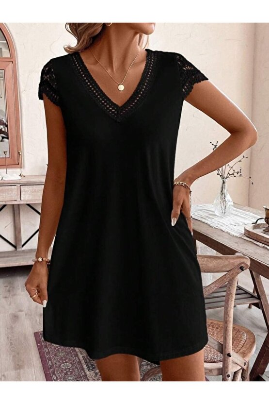 Kadın Kısa Kollu V Yakalı Viskon Elbise