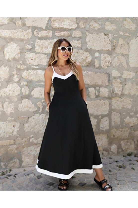 Kadın Ip Askılı V Yakalı çift Renkli Janjan Krep Elbise