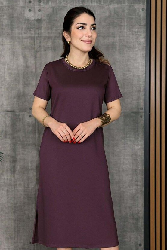 Kadın Kısa Kollu Bisiklet Yaka Yırtmaçlı Viskon Iki Iplik Elbise