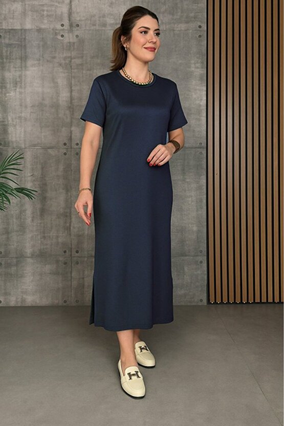 EQURİ Kadın Kısa Kollu Bisiklet Yaka Yırtmaçlı Viskon Iki Iplik Elbise