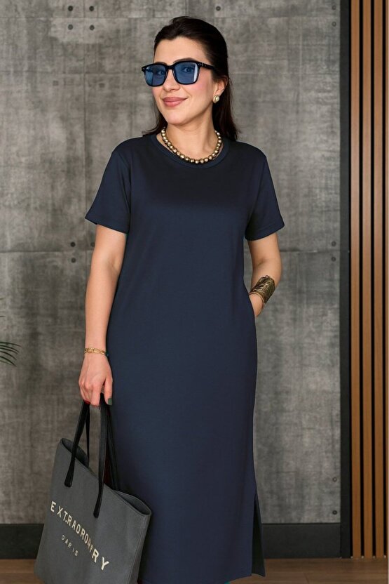 EQURİ Kadın Kısa Kollu Bisiklet Yaka Yırtmaçlı Viskon Iki Iplik Elbise