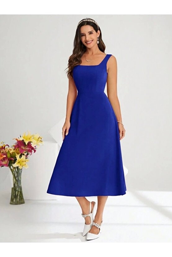 Kadın Askılı Kare Yakalı Midi Ithal Krep Elbise