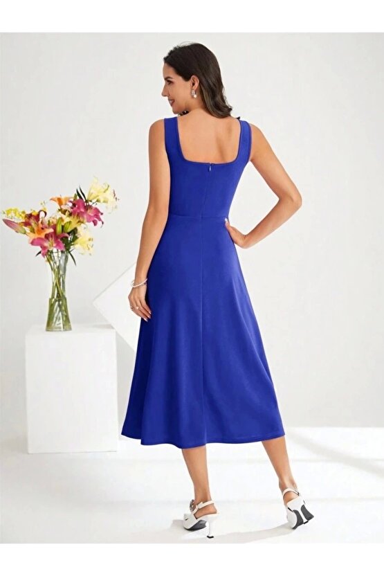 Kadın Askılı Kare Yakalı Midi Ithal Krep Elbise