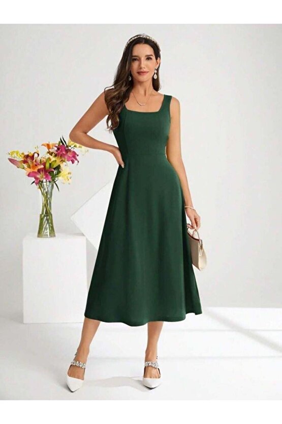 Kadın Askılı Kare Yakalı Midi Ithal Krep Elbise