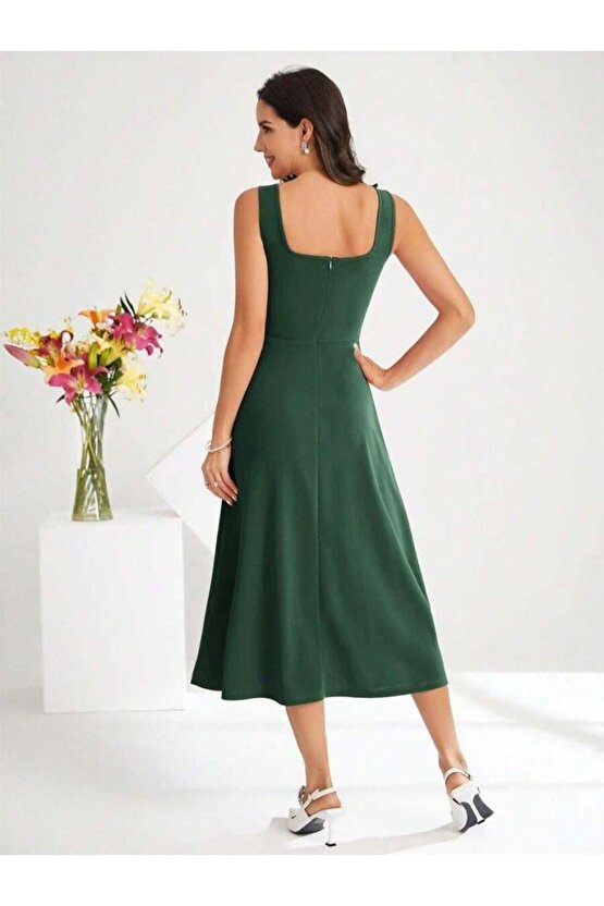 Kadın Askılı Kare Yakalı Midi Ithal Krep Elbise