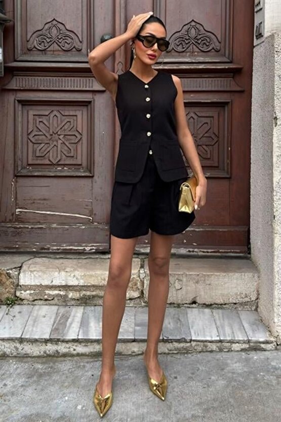 Gold Düğme Detaylı Yelek Şort Cotton Takım 10134-17