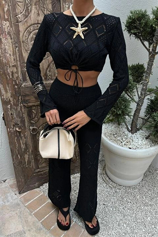 Göğüs Bağcık Detaylı Ajurlu Bluz Pantolon Takım 10098