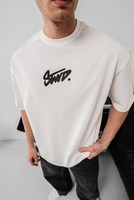 Erkek Baskılı Oversize T-shirt - Beyaz