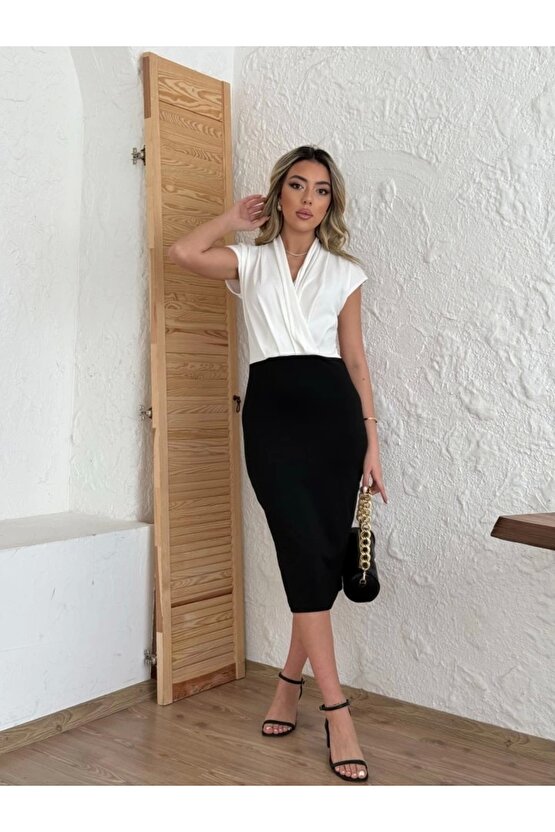 Kadın Kısa Kollu Kruvaze Yaka Krep Elbise (Kemersiz)