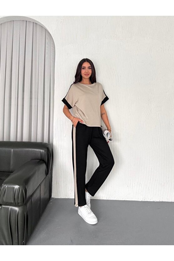 Gökyüzü Moda Kadın Modal Dokulu Kumaş Yanı şeritli Takım