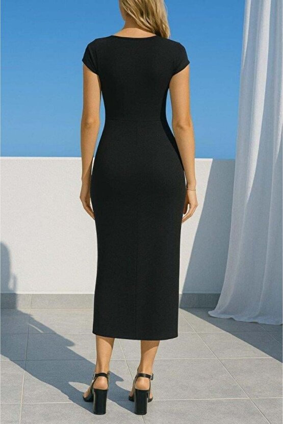 Kadın Sandy Kumaş Metal Toka Detaylı Midi Boy Elbise