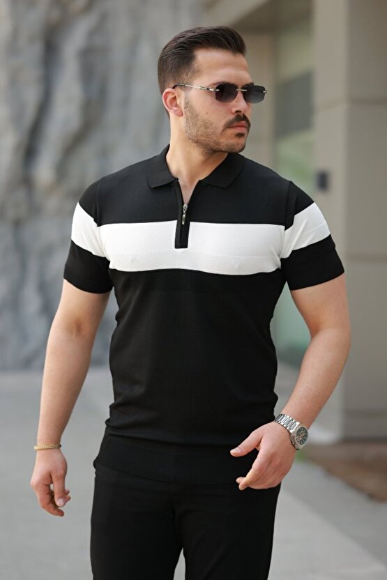 Erkek Fermuar Yakalı şerit Renk Desenli Kısa Kollu Tişört