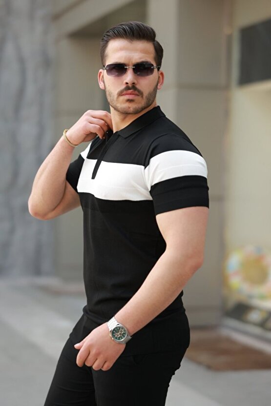 Erkek Fermuar Yakalı şerit Renk Desenli Kısa Kollu Tişört