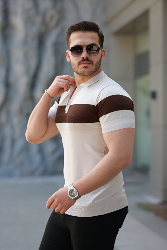 Erkek Fermuar Yakalı şerit Renk Desenli Kısa Kollu Tişört