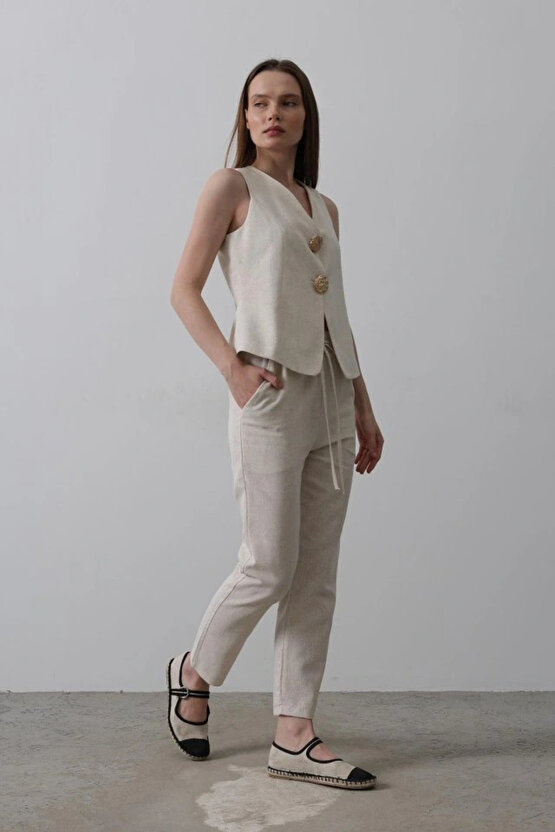 Düğme Detaylı Yelek Krem