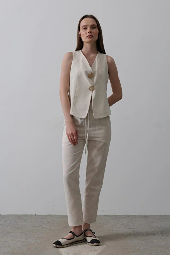 Düğme Detaylı Yelek Krem