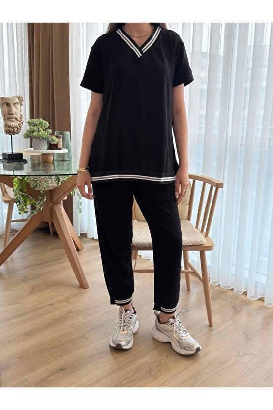 Kadın Kısa Kollu V Yakalı Iki Iplik Bluz Ve Pantolon Ikili Takım