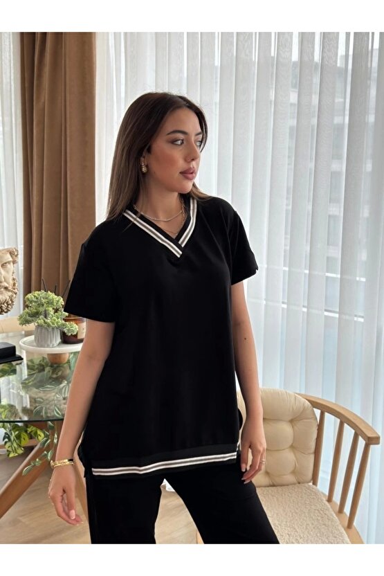 Kadın Kısa Kollu V Yakalı Iki Iplik Bluz Ve Pantolon Ikili Takım