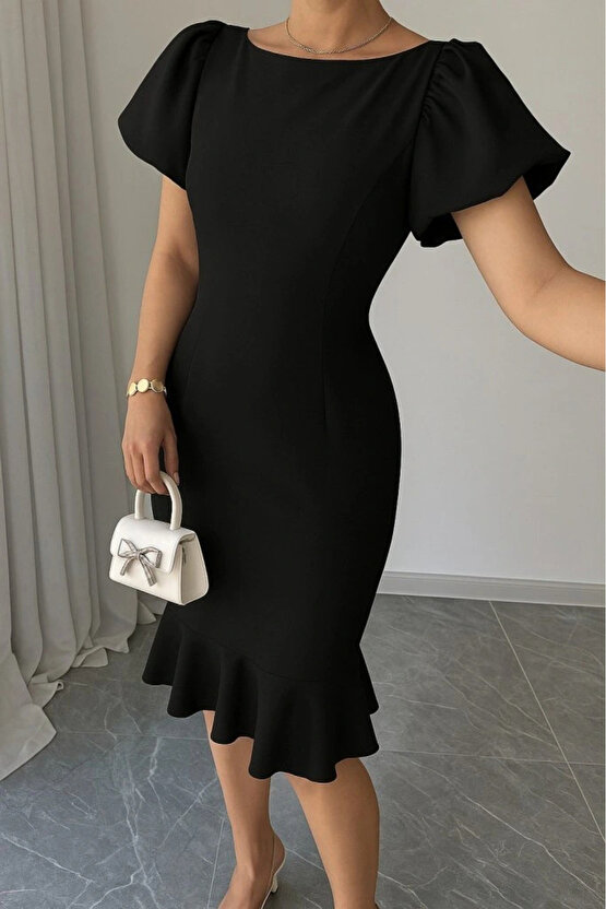 Kadın Kısa Kollu Yuvarlak Yaka Pileli Janjan Krep Elbise