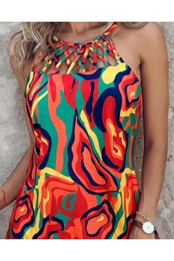 EQURİ Kadın Omuzlardan Açık çapraz şerit Detaylı Desenli Süprem Elbise