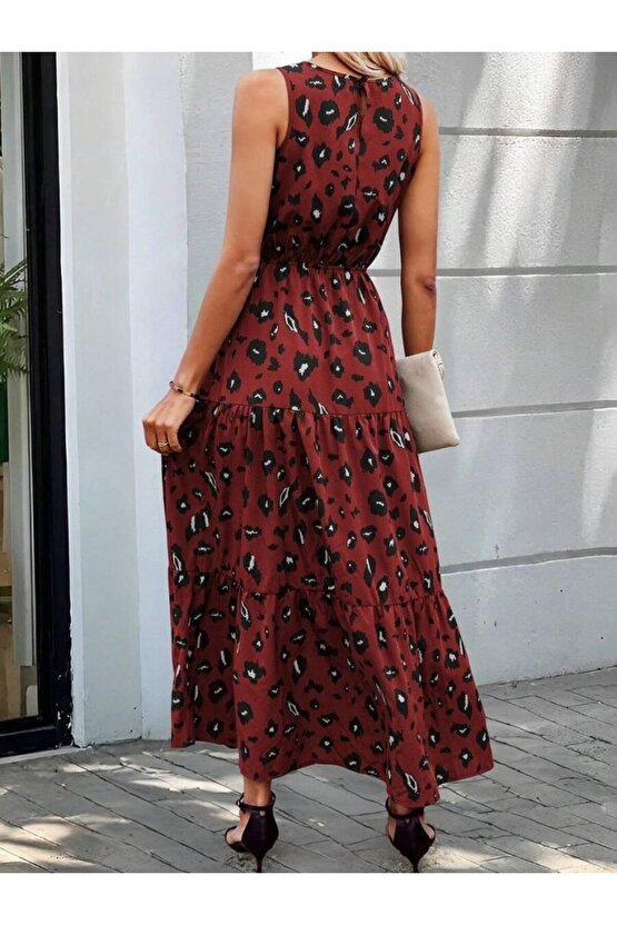 EQURİ Kadın Kolsuz Bisiklet Yaka Beli Lastikli Desenli Süprem Elbise