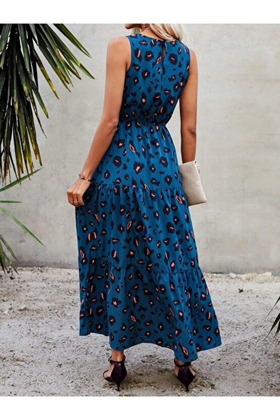 Kadın Kolsuz Bisiklet Yaka Beli Lastikli Desenli Süprem Elbise