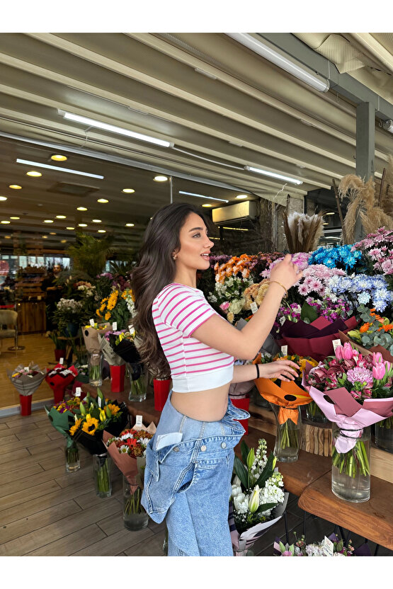 SMK Shop Fuşya Çizgili Manşetli T-Shirt