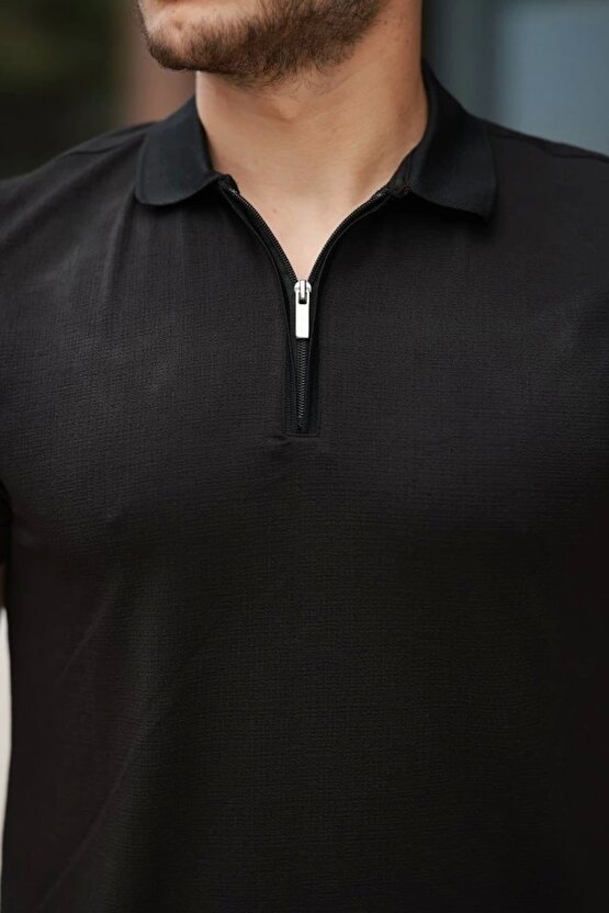 Erkek Fermuarlı Yaka Kısa Kollu Tişört