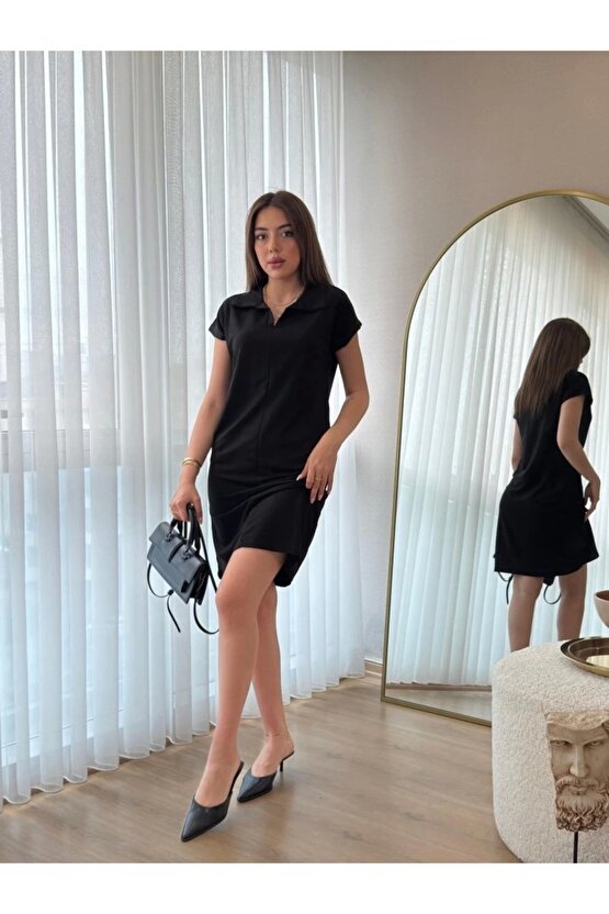 Kadın Kısa Kollu Yakalı Viskon Iki Iplik Elbise