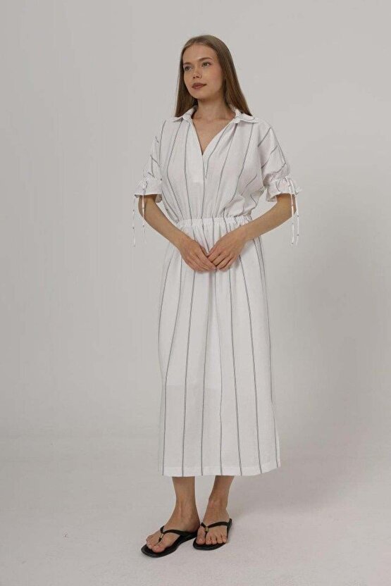 Beli Lastikli Elbise - Beyaz