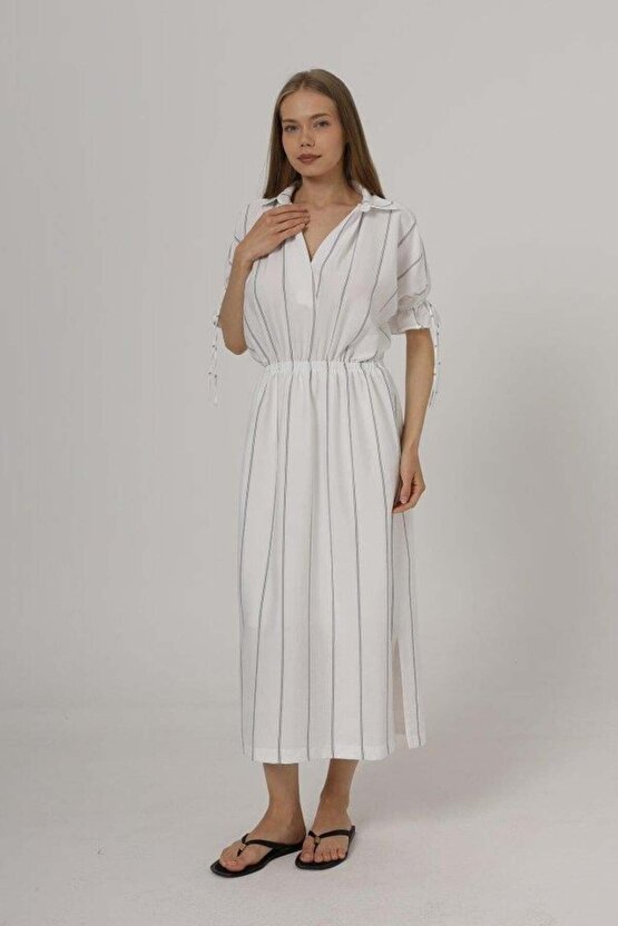 Beli Lastikli Elbise - Beyaz