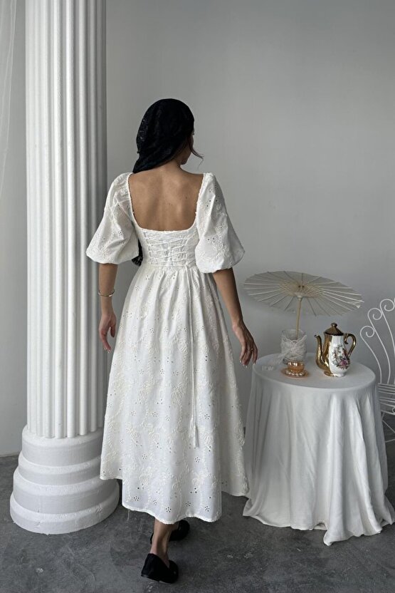 EQURİ Ekru Dantel Detaylı Brode Elbise