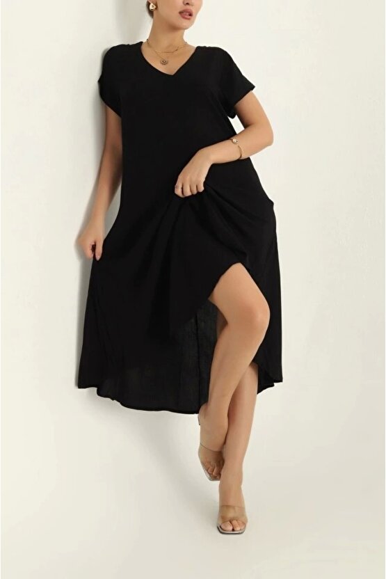 Kadın Kısa Kollu V Yaka Salaş Maxi Boy Elbise