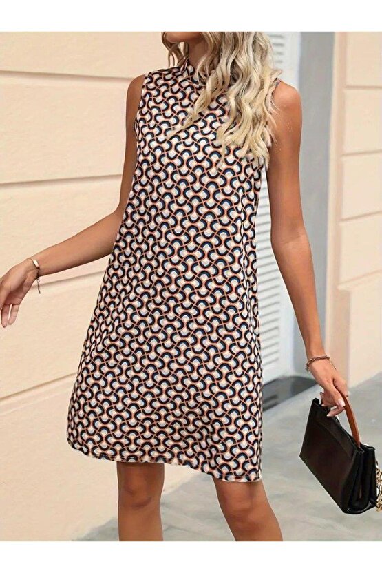 Kadın Balıkçı Yaka Kolsuz Desenli Dalgıç Elbise