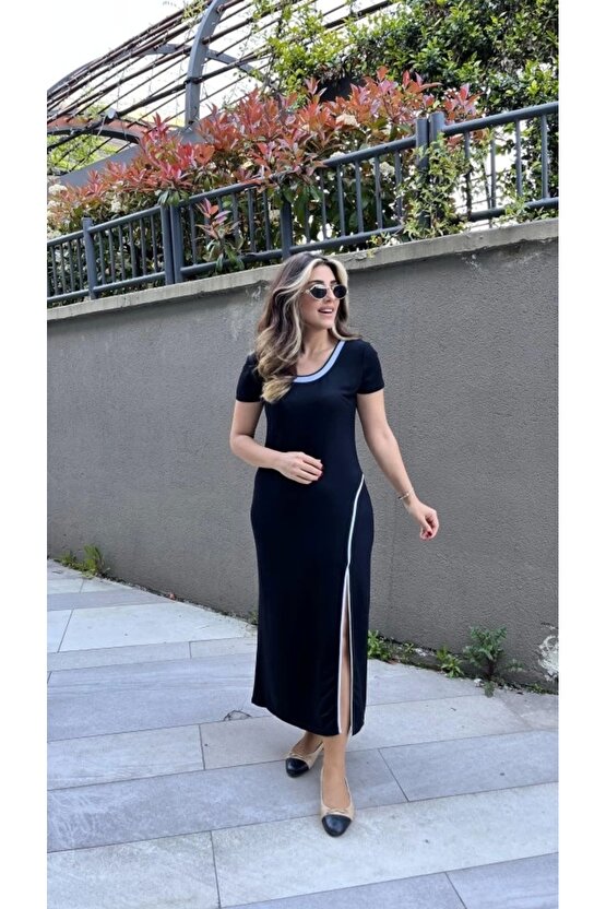 Kadın Yuvarlak Ribana Yaka Beyaz Yırtmaç Detaylı Viskon Tam Boy Elbise