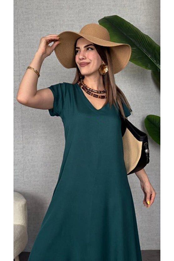 Kadın Kısa Kollu V Yaka Salaş Maxi Boy Elbise