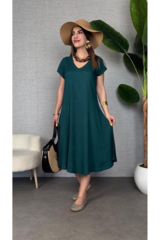 Kadın Kısa Kollu V Yaka Salaş Maxi Boy Elbise