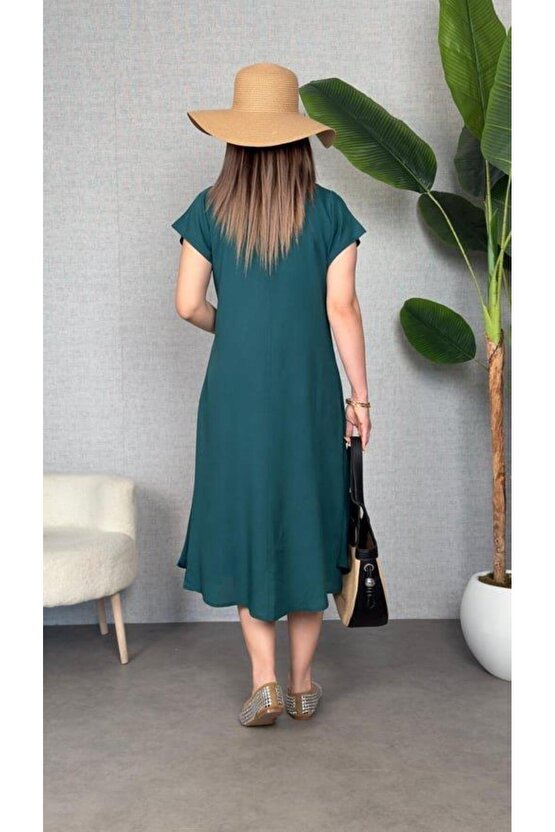 Kadın Kısa Kollu V Yaka Salaş Maxi Boy Elbise