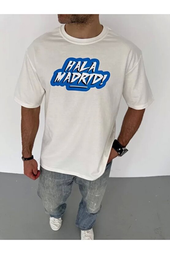 Unisex Bisiklet Yaka Baskılı Oversize T-Shirt - Beyaz