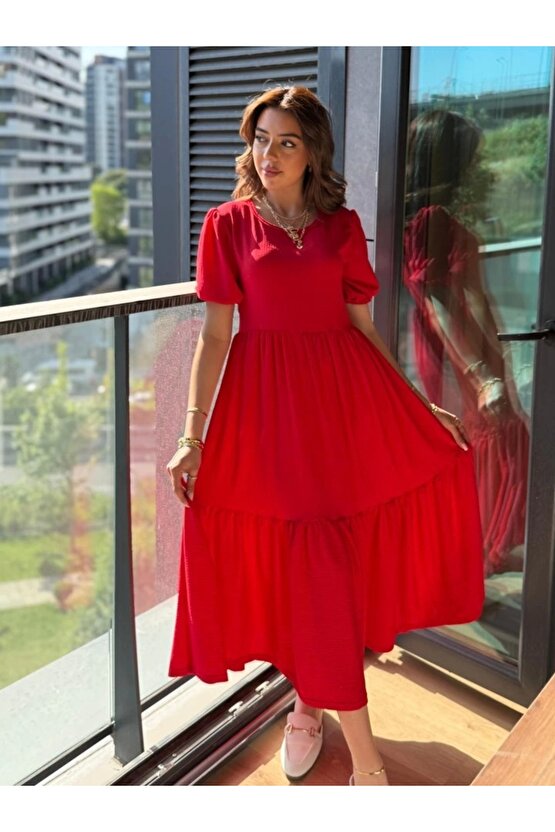 Kadın Kısa Kollu Yakası Açık Katlı Bürümcük Balon Elbise
