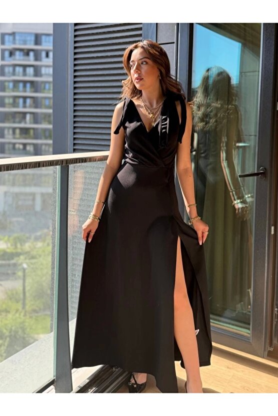 Kadın Askılı Omuzdan Bağlamalı Kruvaze Yakalı Uzun Yırtmaçlı Janjan Krep Elbise