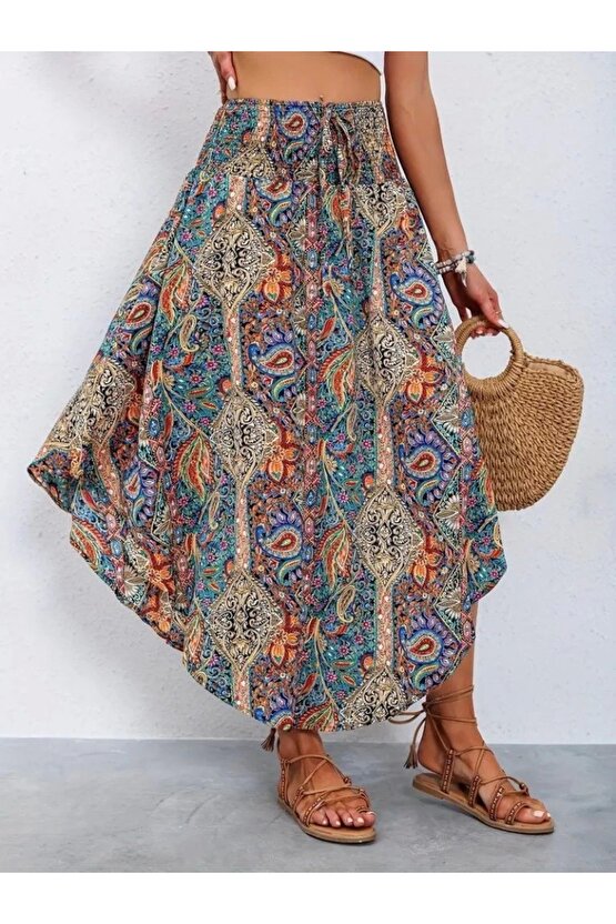 Kadın Beli Lastikli Bağcıklı Asimetrik Kesim Detaylı Desenli Bürümcük Etek