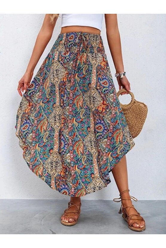 Kadın Beli Lastikli Bağcıklı Asimetrik Kesim Detaylı Desenli Bürümcük Etek