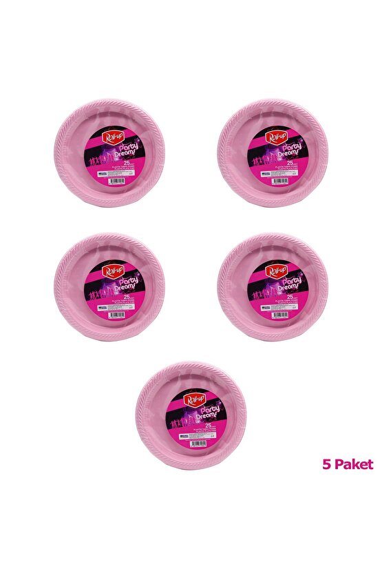 Kullan At Renkli Pembe Parti Davet Plastik Tabak - 22 Cm. - 25 Adetlik 5 Paket